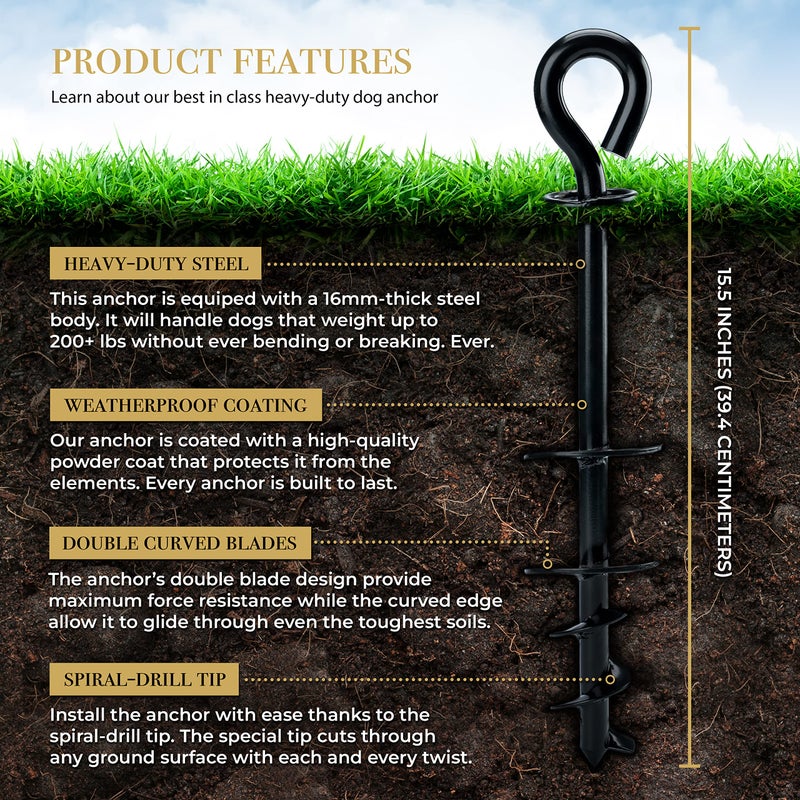 ROYAL PAW ROYAL-PAW Dog Tie Out Stake - for Large Dogs up to 210 lbs - Heavy Duty Dog Stake for Yard, Beach & Camping Outside - Best in Ground Anchor for a Dog Cable, Leash, Lead Tether (1, Midnight Black) - Image 3